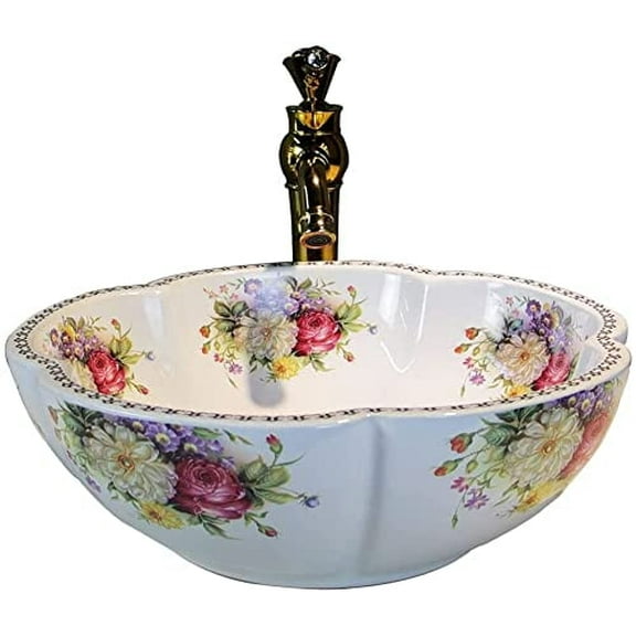 LIQIAONAN White Ceramic Flower Shape Vessel Sink Above Counter Bathroom Vanity Basin Bowl