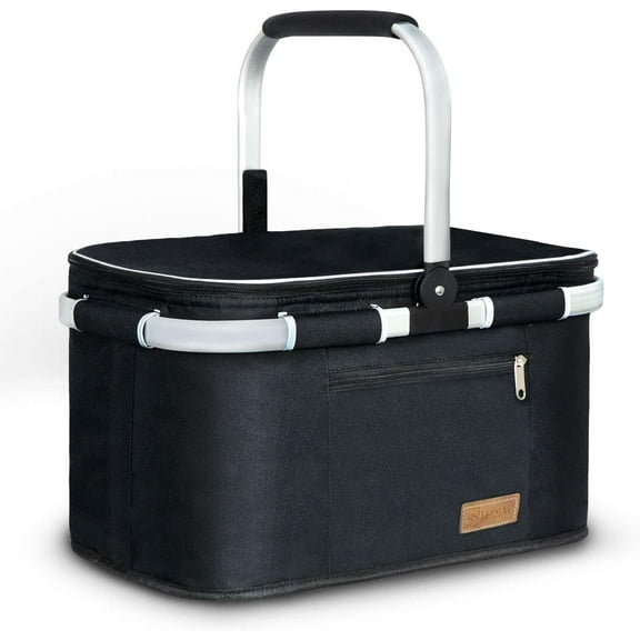 LIQING 35L Large Picnic Basket Shopping Travel Camping Grocery Bags 2 Layers of Internal Pockets Leak-Proof and Insulated Folding, Internal Support Does Not Collapse