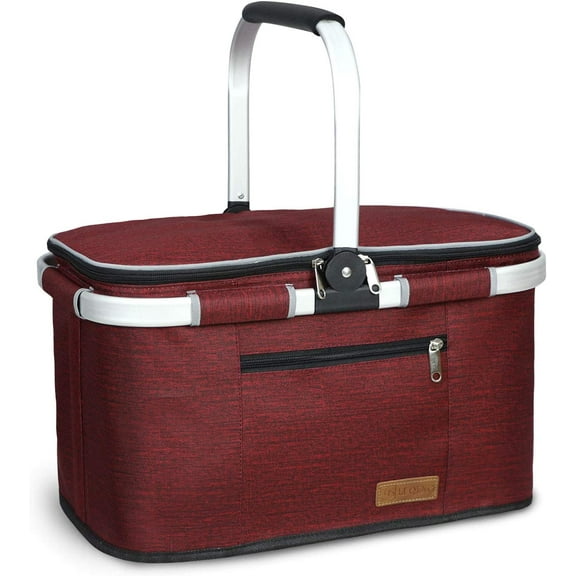 LIQING 35L Large Picnic Basket Shopping Travel Camping Grocery Bags 2 Layers of Internal Pockets Leak-Proof and Insulated Folding, Internal Support Does Not Collapse