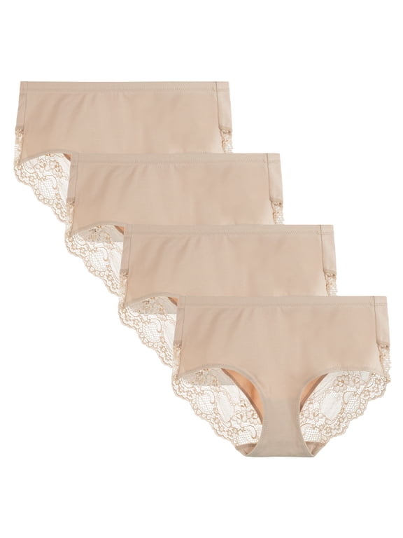 Women's 4 Pack Combed Cotton Breathable High Rise Lace Full Coverage Brief Panty Underwear (2XL, Nude)