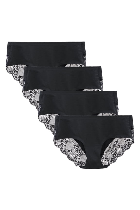 Women's 4 Pack Cotton Lace Coverage Seamless Brief Panty Underwear (L, Black)