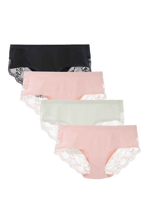 Women's 4 Pack Cotton Lace Coverage Seamless Brief Panty Underwear (M, Black/Pink/White)
