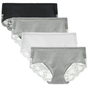 LIQQY Womens 4 Pack Cotton Mid Rise Full Coverage Lace Hipster Brief Panty Underwear L, Black/Grey/White