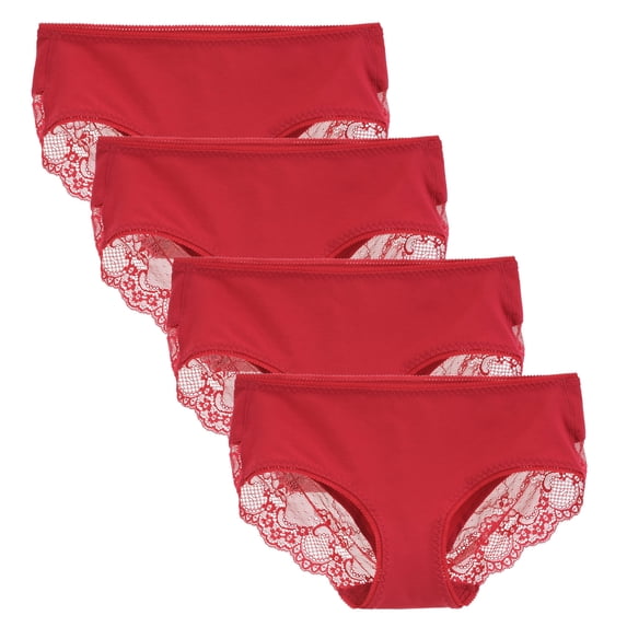 LIQQY Women's 4 Pack Cotton Mid Rise Full Coverage Lace Hipster Brief Panty Underwear (Large, Red)
