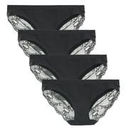 LIQQY Womens Low Rise Cotton Lace Coverage Bikini Panty Hipster Underwear 4 Pack XL, Black