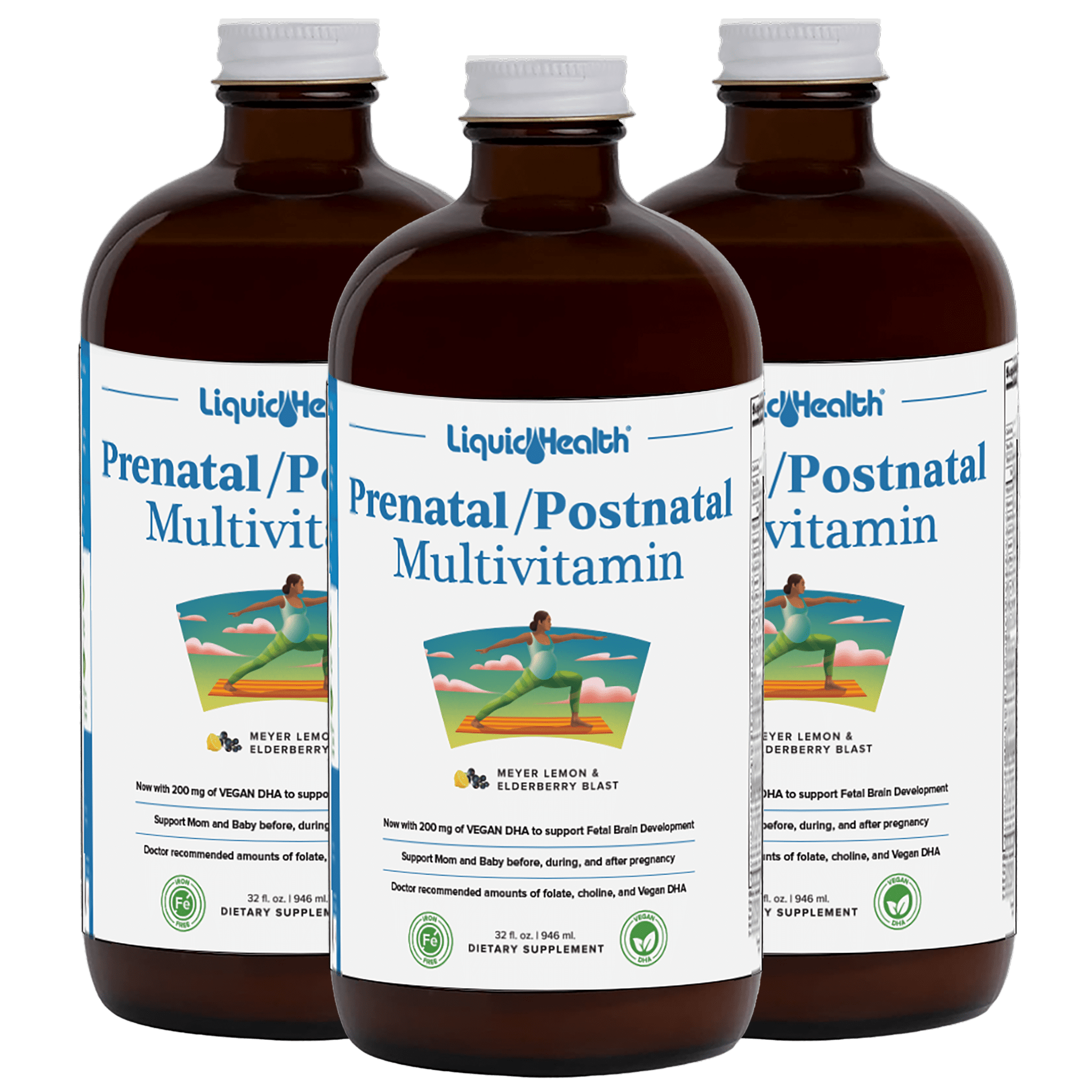 LIQUIDHEALTH Prenatal/Postnatal Multiple Liquid Women's Multivitamin with Real Folate - Pre & Postnatal Vitamins for Before, During, After Pregnancy - Vegan, Sugar-Free, Non GMO, Great Taste (3 Pack)