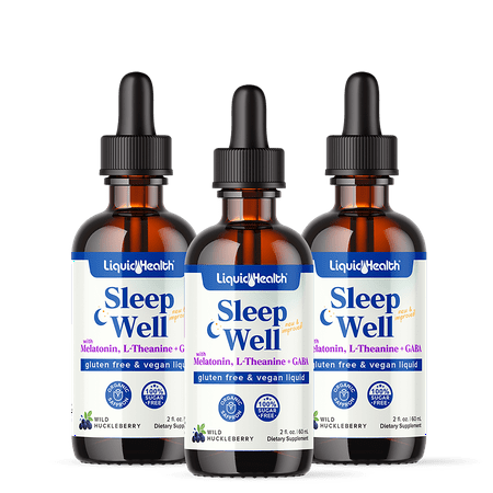 LIQUIDHEALTH Sleep Well 2 Oz Liquid Melatonin, L-Theanine Supplement, Fall Asleep Faster, Stay Asleep Longer, Vegan, Sugar Free, Non-GMO Sleep Spray Drops - 3 Pack