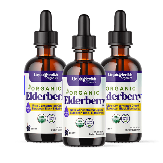 LIQUIDHEALTH USDA Organic Elderberry Liquid Drops for Kids and Adults - Liquid Vitamin Supplement, Immune Support Syrup, Antioxidant, Vegan, Non-GMO, Sugar Free (3pack)