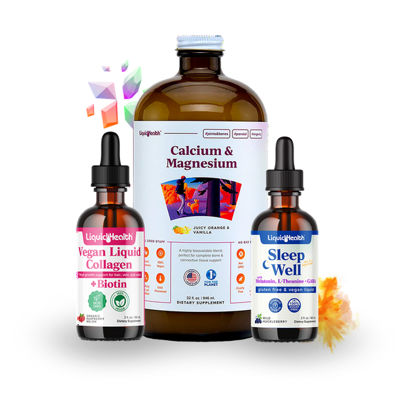 LIQUIDHEALTH Vegan Beauty Sleep Liquid Vitamin Supplement Bundle with Vegan Liquid Collagen + Biotin, Calcium Magnesium Liquid Vitamins, Sleep Well Melatonin Drops - Hair/Skin/Nail Health & Relaxation