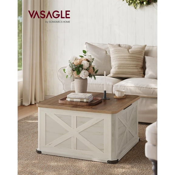 LIRY Collection Farmhouse Coffee Table with Storage Hidden Compartment Flip-Top Lids Honey Brown Rustic White