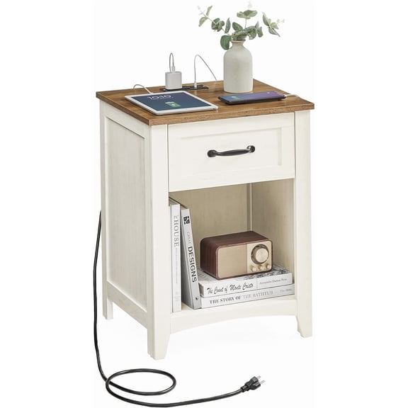 LIRY Collection - Farmhouse Nightstand with Charging Station, Bedside Table, Side Table with Drawer, Open Compartment, for Bedroom, Rustic White and Honey Brown ULET659K41