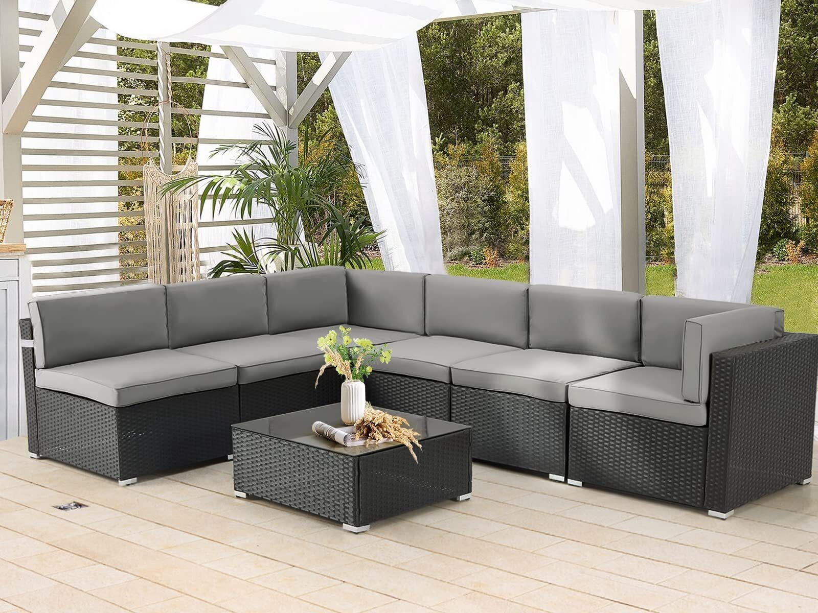 LIRly 7 Piece Outdoor Patio Furniture Set, PE Rattan Patio Wicker ...