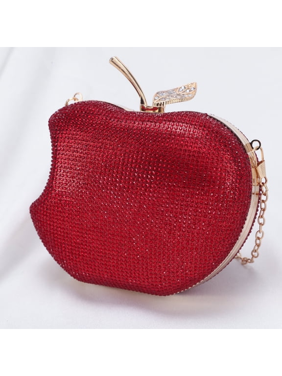 Evening Bag Clutch Purses for Women Ladies Sparkling Party Handbag Wedding Cocktail Prom Bag Bitten Apple Shape, Red