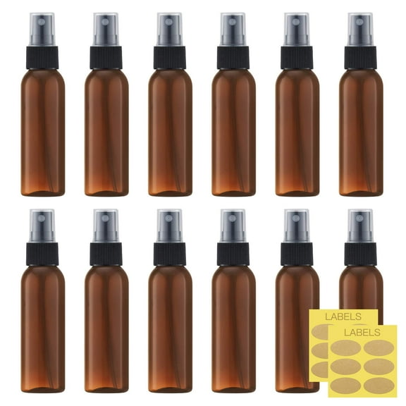 LISAPACK 2oz Small Spray Bottle (12 Pack) Plastic Mini Fine Mist Atomizer, Tiny Sprayer for Travel Perfume, Cologne, Alcohol (Brown, 60ml)