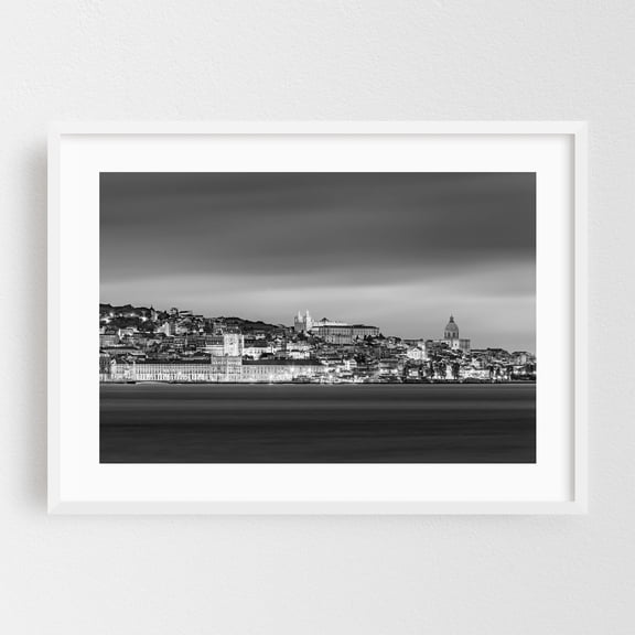 LISBON 01 - Photography Cityscape Black and White Architecture Skyline Travel Poster Night Sky Harbor White Framed Wall Art Print 24 x 36 inches