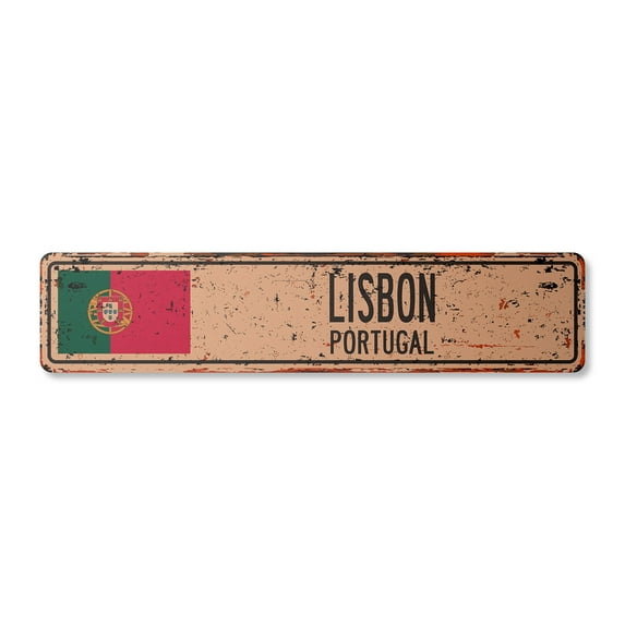 LISBON PORTUGAL Vintage Aluminum Street Sign Portuguese flag city country road rustic metal tin wall gift | Indoor/Outdoor | 30" Wide