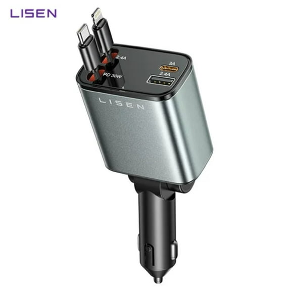 LISEN Retractable Car Charger 4 in 1 Fast Charger 100 W Latest Version Fast Car Charger USB C Car Charger Fast Charge Retractable Cables and USB Port Car Charger Adapter - Gray