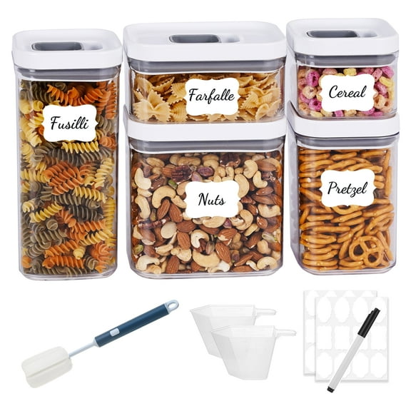 LISI One-Touch Seal Food Storage Containers with Lids, Airtight Stackable BPA-Free Plastic Pantry Canisters for Kitchen Organization, Includes Labels, Marker, Cups & Brush