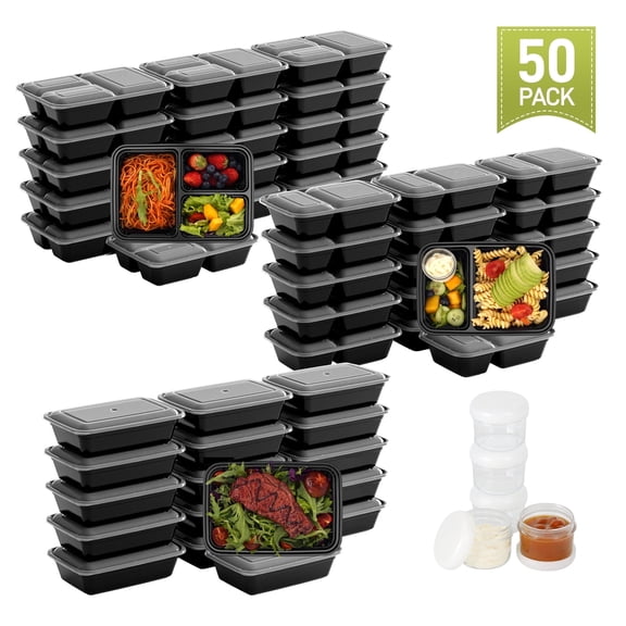 LISI 100-Piece Meal Prep Containers with Lids, Large Reusable Food Storage Set Includes 1 2 and 3 Compartment Containers, BPA Free Freezer Safe To-Go Boxes with 2 oz Dressing Cups