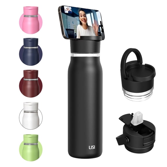 30oz Stainless Steel Water Bottle with Phone Holder Lid, Black