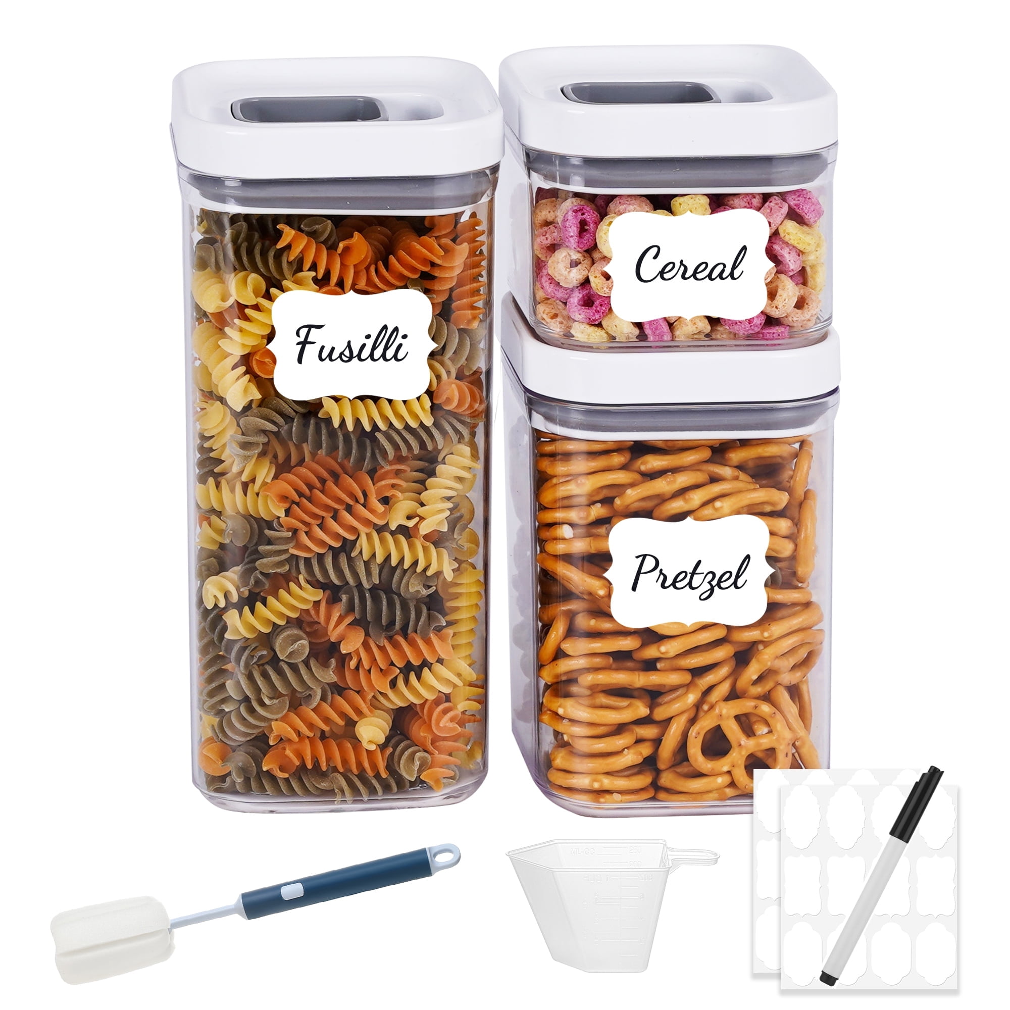 LISI One-Touch Seal Food Storage Containers with Lids, Airtight Stackable BPA-Free Plastic Pantry Canisters for Kitchen Organization, Includes Labels, Marker, Cups & Brush