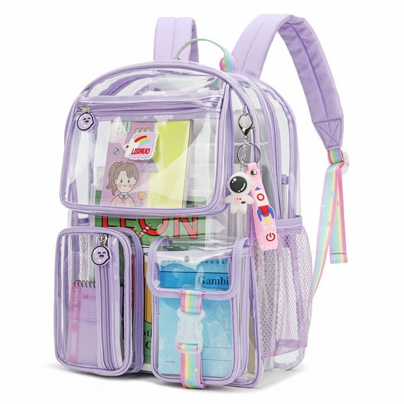 LISINUO Clear Backpack,Heavy Duty PVC Transparent Backpacks Stadium Approved,School Book Bag(Purple)