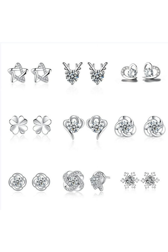 9 Pairs of 925 Silver Ear Studs Earrings Set Women's Jewelry Earrings