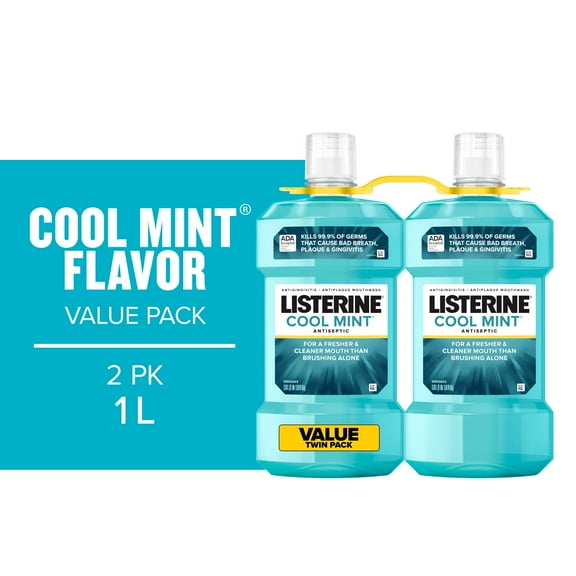 Listerine Cool Mint Antiseptic Mouthwash for Bad Breath, 2 x 1 L