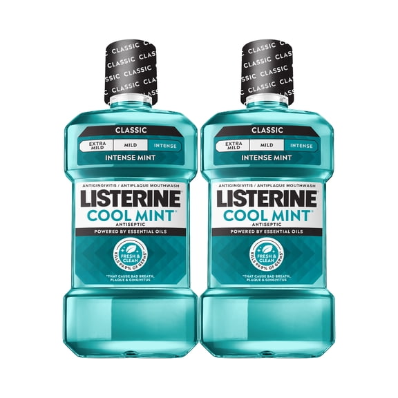 Listerine Cool Mint Antiseptic Mouthwash for Bad Breath and Plaque, Intense Mint, 2 Pack/33.8 fl oz
