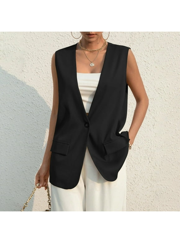 LISTHA 2024 Fall Long Linen Vest Blazer Y2K Fully Lined V-Neck Lightweight Fashion Casual Button Jackets Tops with Pockets Black L