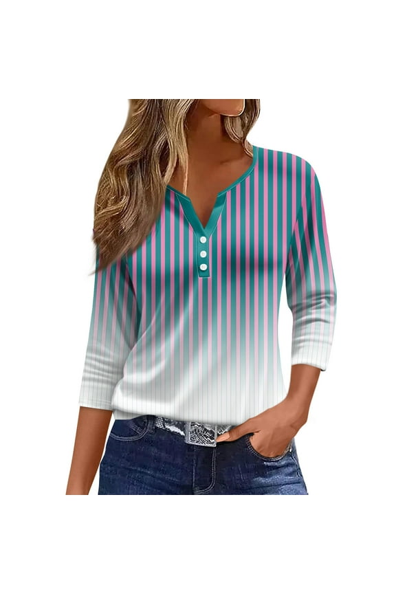 3/4 Length Sleeve Womens Tops Casual Loose Fit Henley Neck T Shirts Cute Print Three Quarter Length Tunic Tops Blue 3XL