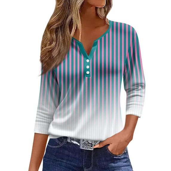 LISTHA 3/4 Length Sleeve Womens Tops Casual Loose Fit Henley Neck T Shirts Cute Print Three Quarter Length Tunic Tops Blue L