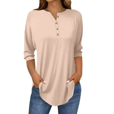 LISTHA 3/4 Length Sleeve Womens Tops Plus Size V Neck Oversized Tshirts Fashion Button Down Shirts with Hem Basic Blouses Beige L