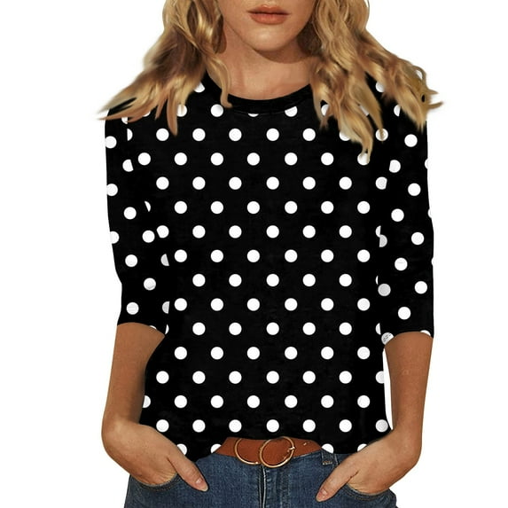 LISTHA 3/4 Length Sleeve Womens Tops Polka Dot Plus Size Shirts Crewneck Workout Spring Tunic Tops Going Out Casual Blouses Black L