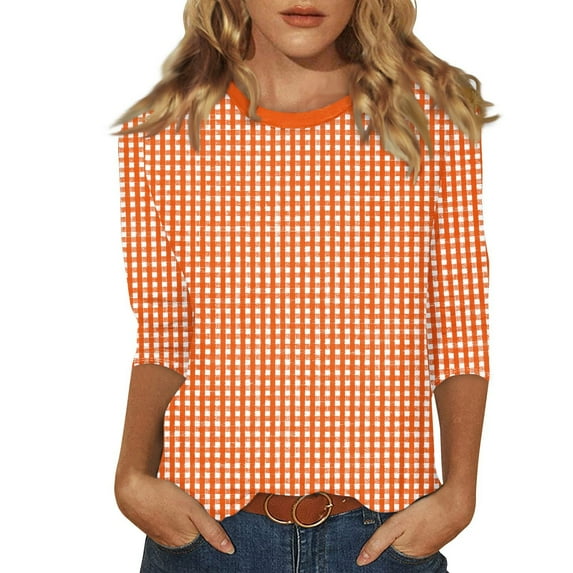 LISTHA 3/4 Length Sleeve Womens Tops Striped Casual Blouses Crew Neck Loose Trendy Tunic Tops Spring Workout Shirts Orange S