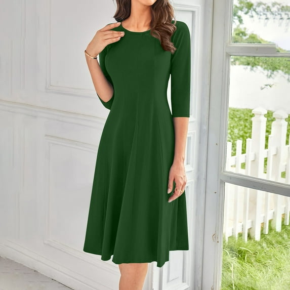 LISTHA 3/4 Sleeve Dresses for Women Fall Casual Loose Plain Pleated Flowy Midi Dresses Dark Green M
