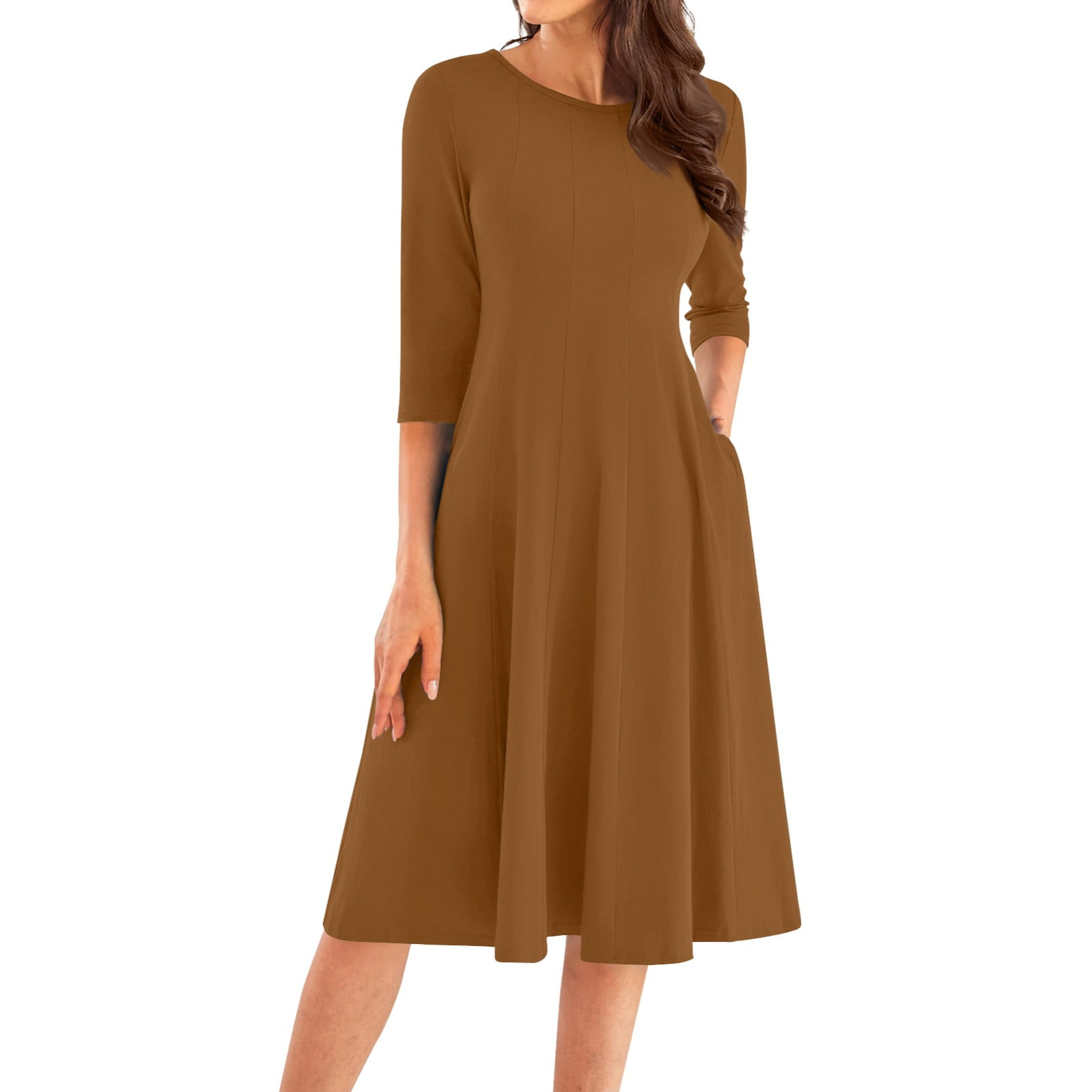 LISTHA 3/4 Sleeve Dresses for Women Fall Casual Loose Plain Pleated Flowy  Midi Dresses Light Brown 3XL - Walmart.com