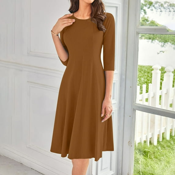 LISTHA 3/4 Sleeve Dresses for Women Fall Casual Loose Plain Pleated Flowy Midi Dresses Light Brown XL