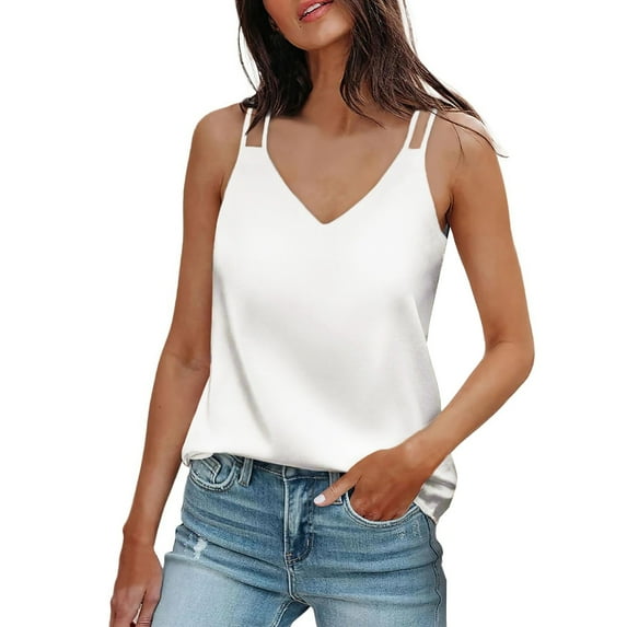 LISTHA Loose Tank Tops for Women Silk Satin V Neck Casual Camisole Vest Sleeveless Loose Plus Size Basic Top White 3XL