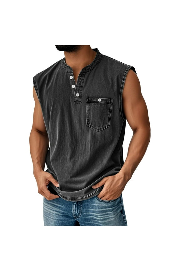 Big and Tall Tank Tops for Men Button Summer Sleeveless Gym Tee Vintage Solid 2025 Polo Shirt with Pocket Black L