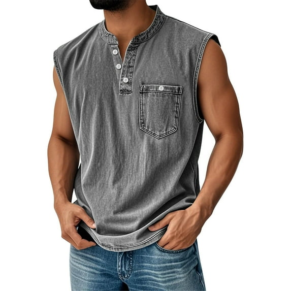 LISTHA Big and Tall Tank Tops for Men V Neck Distressed Washed Sleeveless Gym T-Shirt Vintage Solid Workout Tee with Pocket Dark Gray XL