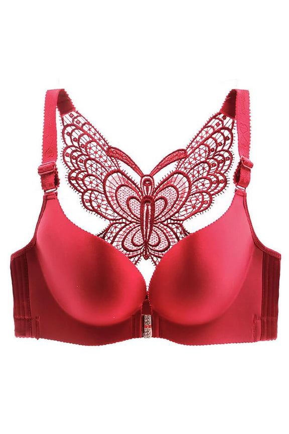 Women Wire-Free Push Up Bra Seamless Front Closure Lace Butterfly Daily Bra Wine 4295B