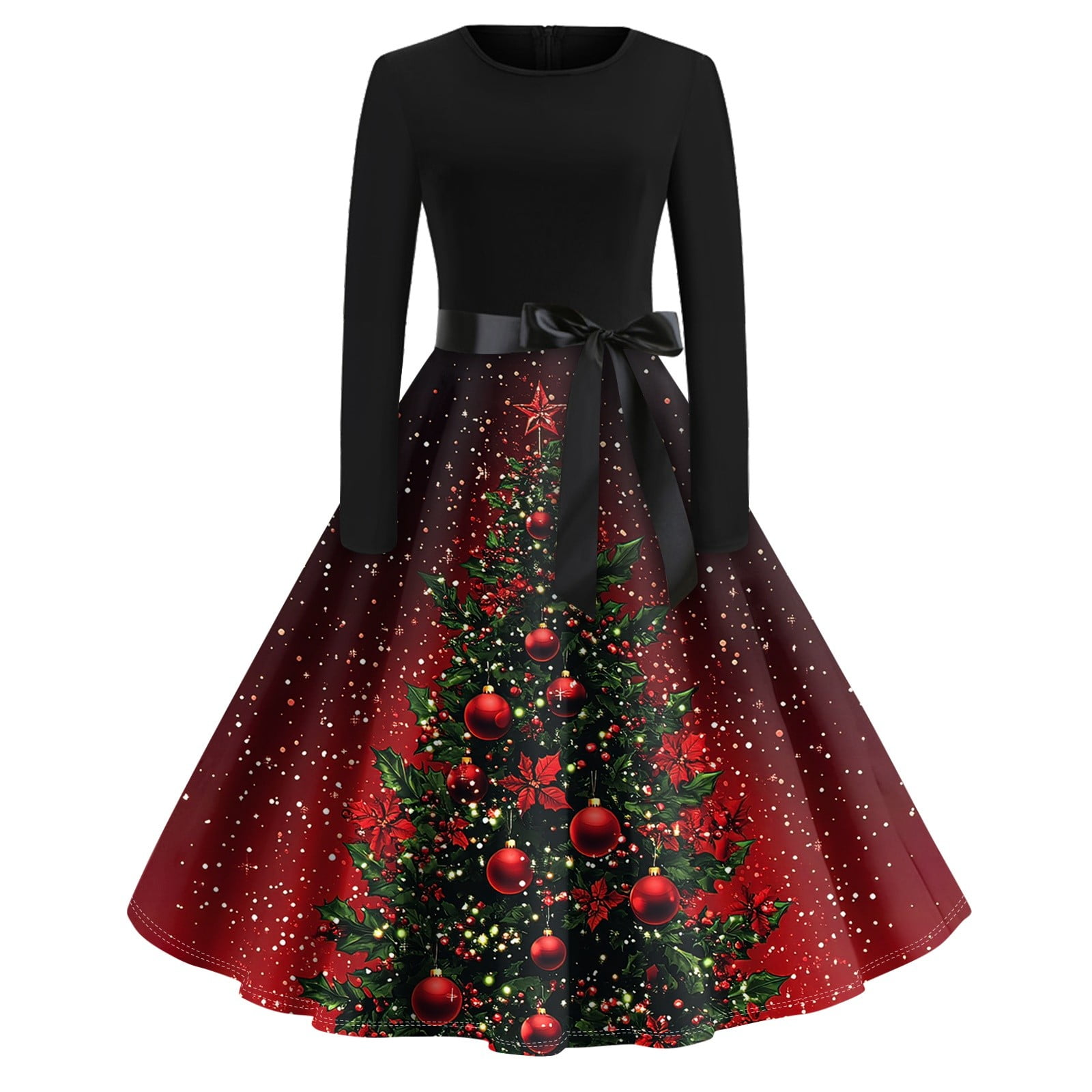 LISTHA Christmas Dresses Women 1950s Xmas Costume Dress Crew Neck Long Sleeve Party Cocktail Dress Snowflake Swing Dress with Belt Dark Green 3XL
