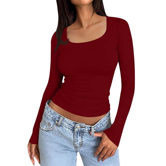 LISTHA Crop Tops for Women Square Neck Long Sleeve Fashion T Shirts Y2k Basic Slim Fit Shirts Red XS