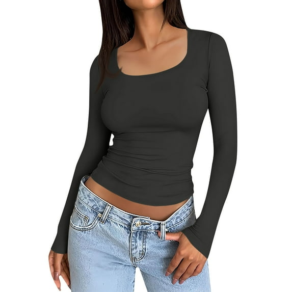 LISTHA Crop Tops for Women Square Neck Long Sleeve Y2k T Shirts Slim Fit Basic Fashion Shirts Dark Gray S