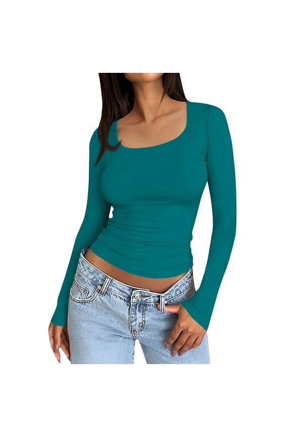 Cropped Workout Tops for Women Square Neck Long Sleeve Slim Fit T Shirts Fashion Y2k Basic Shirts Turquoise M