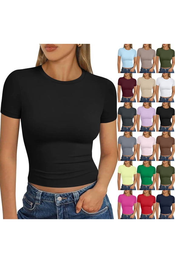 Cropped Workout Tops for Women Short Sleeve Summer Basic Crew Neck Tees Y2k Tight Slim Fit Shirt Light Blue M