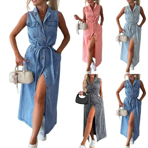 LISTHA Denim Dress for Women Sleeveless V Neck Summer Jean Dress 2025 Lapel Plus Size Maxi Dresses Blue 2XL