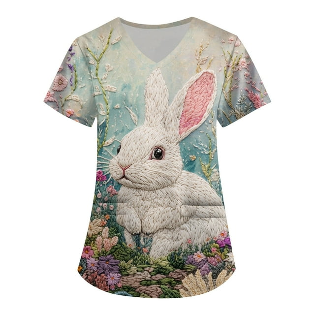 LISTHA Easter Scrub Tops Womens V Neck Bunny Short Sleeve Workwear Easter Eggs Print Casual Working Uniform with Pockets Green S
