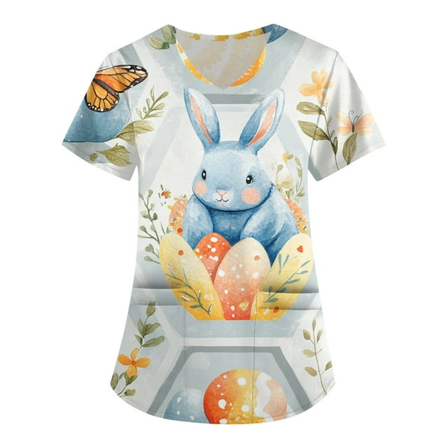LISTHA Easter Scrubs Women V Neck Easter Eggs Print Short Sleeve Scrub Tops Rabbit Print Cute Workwear with Pockets Royal Blue 5XL
